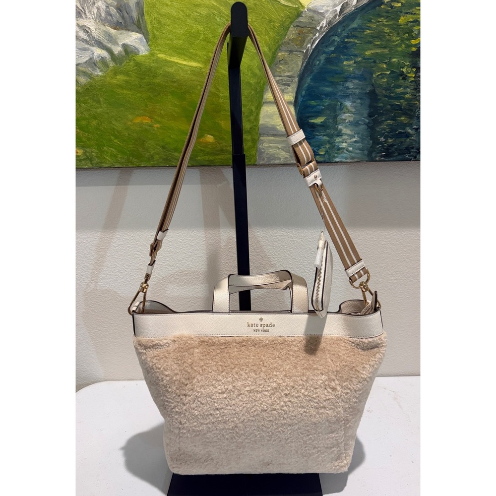 Kate Spade Rosie Faux Shearling Satchel Crossbody Bag Natural Multi KE709 NEW